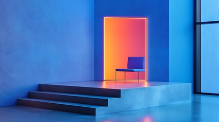 Neon Lit Stage with Blue Chair and Steps
