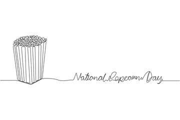 Continuous one line art drawing of popcorn. National Popcorn Day concept background.