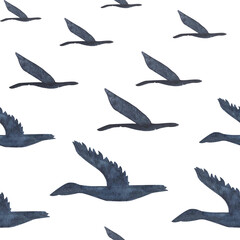 Flying birds, gees seamless pattern isolated on white. High quality hand-drawn watercolor simple flat illustration for landscapes, scrapbooking, wrapping paper, textile, souvenirs decor and design