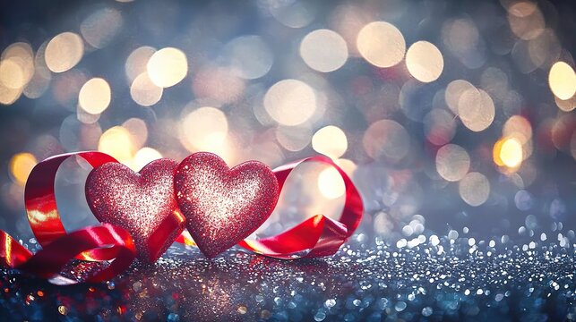 Two astigmatic hearts add blurred lights and bokeh on a glittering silver background to create a festive atmosphere for Valentine's Day.