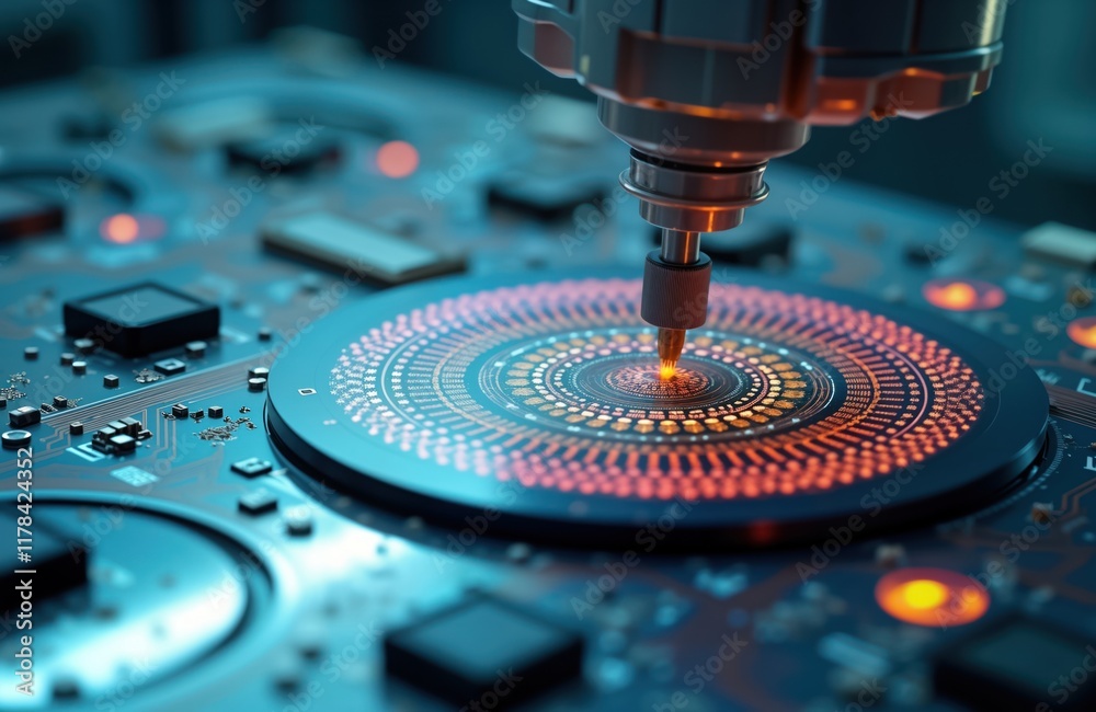 Leinwandbilder Advanced tech process creates microchips. Precise robotic arm works on silicon wafer. Automation system controls production line. Industrial equipment manufactures electronic devices. High-tech