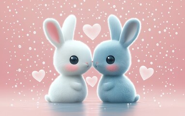Two adorable rabbits cuddle together, their soft fur and gentle eyes radiating love and warmth, perfect for a Valentine's Day celebration.