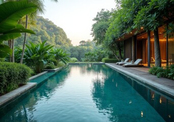 Relaxing afternoon by a tranquil pool surrounded by lush greenery in a tropical setting