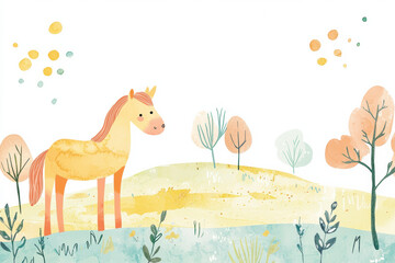 Naklejka premium cheerful horse stands in colorful landscape with trees and plants