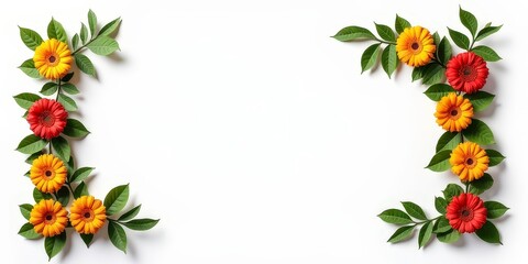 Obraz premium Floral Frame: A delicate and elegant arrangement of vibrant yellow and red gerbera daisies and green leaves forms a natural frame on a white background.Diwali, makar sankranti, holi, new year