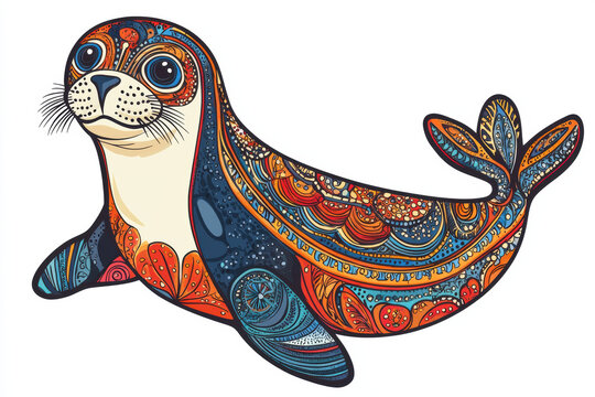 Colorful sea lion illustration with intricate patterns and playful expression