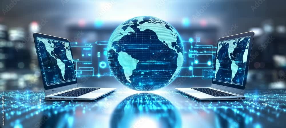 Fototapete Rotating digital earth globe hologram from laptop. Global internet network telecom and communication. Generative video AI technology.	
