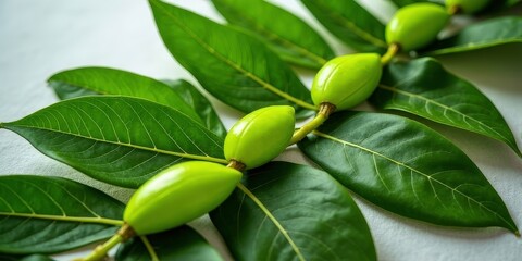 Vibrant Green Fruits and Leaves: A close-up shot of bright green fruits nestled amongst lush green leaves, creating a visually appealing and refreshing image. Perfect for themes of nature, health.
