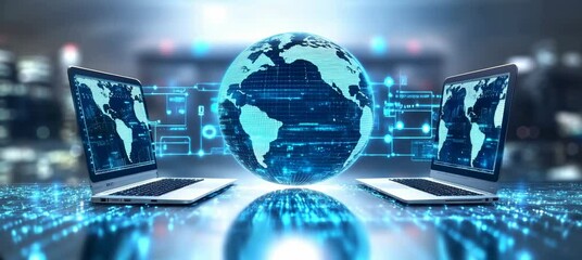 Rotating digital earth globe hologram from laptop. Global internet network telecom and communication. Generative video AI technology.
- Powered by Adobe