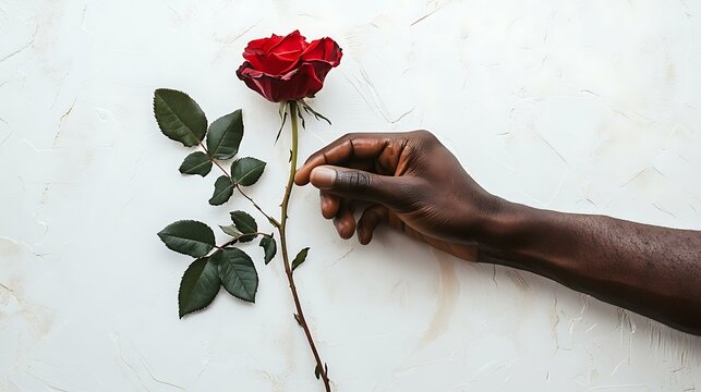 A detailed shot of a hand gripping a red rose stem, with the thumb resting securely on the stem, set against a clean white backdrop