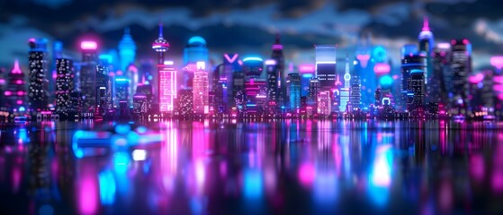 Obraz premium Vibrant Nighttime Cityscape Featuring Neon Lights and Reflective Water Surface in a Futuristic Urban Environment