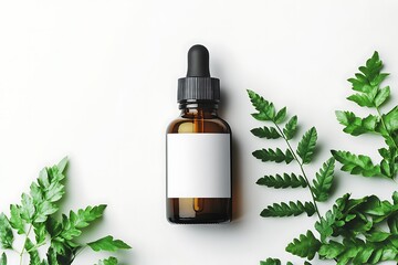 A blank white label on an amber glass dropper bottle, surrounded by green leaves and magnolia, on a white background, product photography