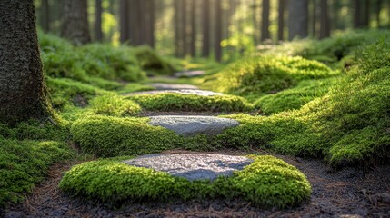 A serene forest path lined with moss-covered stones, inviting exploration and tranquility.