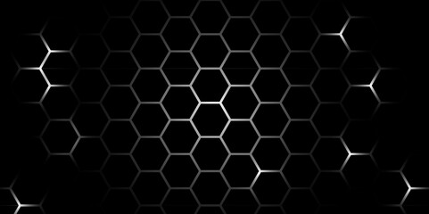 Obraz premium Abstract white and yellow light hexagon line in grey modern luxury futuristic background design. Hexagon background design white and lighting. Abstract background design. Vector design. Illustration. 