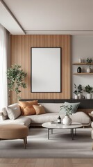 Fototapeta premium Minimalist living room with blank frame and elegant decor elements