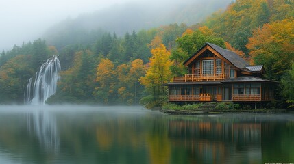 Fototapeta premium A serene lakeside cabin surrounded by autumn foliage and a waterfall in the mist.
