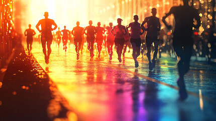 An imaginative depiction of a marathon, where runners leave trails of color behind them, representing their journey and determination across the finish line.  