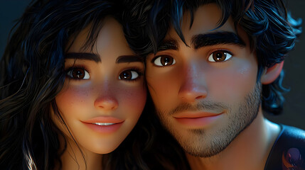 Couple's Portrait: Digital Art, Close-Up, Romantic,  Intimate, Young, Attractive,  Smiling,  Brown Hair, Brown Eyes,  Freckles, Realistic Style