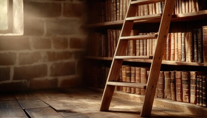 A cozy library corner featuring a wooden ladder beside shelves filled with old books, illuminated by soft light streaming through a window.