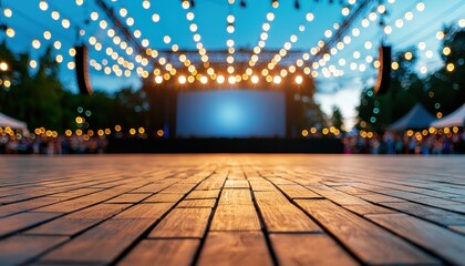 A beautifully lit outdoor stage with wooden flooring, surrounded by vibrant lights and a serene evening sky, perfect for performances and events.