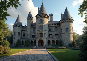 Fototapeta premium Majestic stone castle with towers surrounded by lush greenery in bright daylight