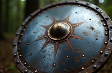 Closeup view of ancient warrior shield. Medieval style metal shield with intricate design. Shows signs of age, battle. Shield heavily detailed with rivets. Decorative object representing protection,