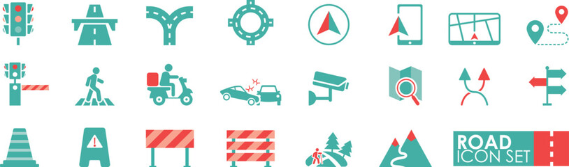 Road icon set in Solid style. Containing a traffic light, road, map pin, GPS, destination, directions, distance, navigation, and car icons