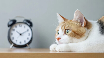 Fototapeta na wymiar cat gazes intently at digital clock on tidy wooden table, showcasing curiosity and calmness