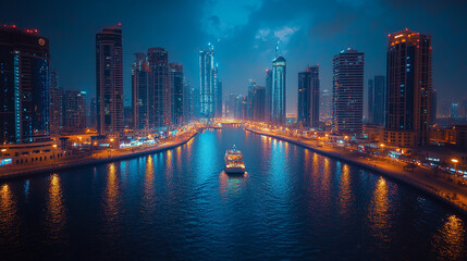 Fototapeta premium Nighttime skyline view of a bustling city with illuminated skyscrapers along the river