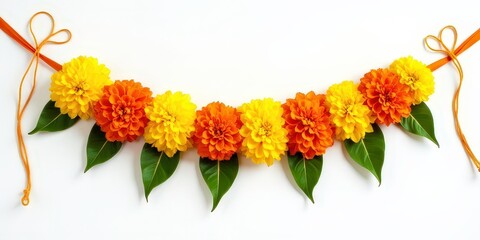Obraz premium Marigold Garland: A vibrant garland of yellow and orange marigolds, strung together with a delicate orange ribbon, adorned with green leaves, festive, Diwali, makar sankranti, holi, new year