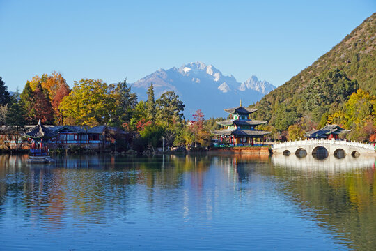 Black dragon pool in Lijiang Ancient Town with best views of Jade Dragon Snow Mountain. Famous travelling destination in Yunnan province, China