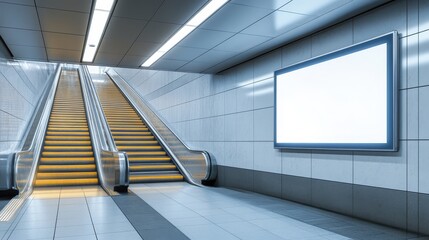 Fototapeta premium Empty escalators and blank billboard in modern subway. Perfect for advertising or transportation concepts.