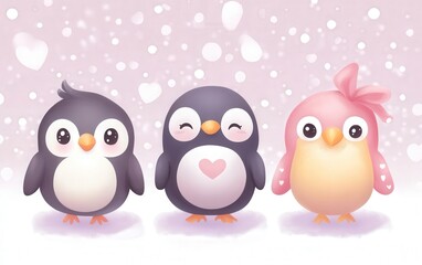 Obraz premium Three adorable penguins proudly display hearts on their chests, standing in a row, radiating love and joy this Valentine's Day.