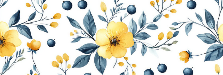 Yellow and blue berries, white background, gray leaves, yellow flowers, generative AI