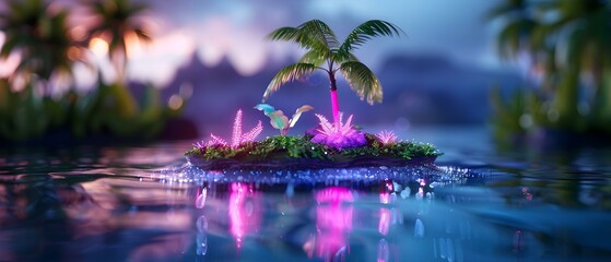 Vibrant Tropical Island Scene with Neon Lights, Palm Tree, Hummingbird, and Sparkling Water Reflections at Dusk