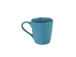 Empty blue mug or cup for coffee or tea isolated on white background. Use for home or restaurant, food design. Concept kitchen utensils and tableware. Side view..