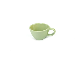Side view, empty light-green mug isolated on white background. Blank  light green ceramic cup mockup and template for design, and banner. Use for home or restaurant.