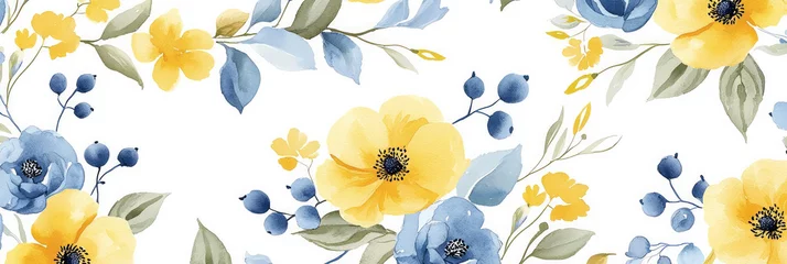Gordijnen Yellow and blue berries, white background, gray leaves, yellow flowers, generative AI © VALUEINVESTOR