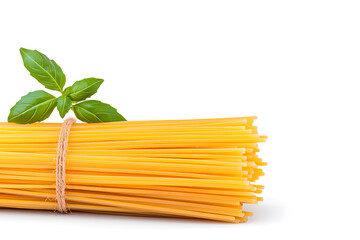 A bunch of yellow pasta with a green leaf on top