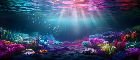Fototapeta premium Underwater Scene with Vibrant Coral Reefs and Sunlight Streaming Through Water Surface