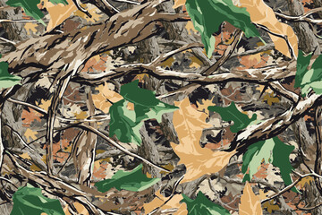 Real tree forest camouflage seamless pattern design pattern for hunting and military uniform. Hunting camouflage. Hunting camouflage texture seamless pattern.