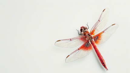 A bright red dragonfly with delicate wings resting on a white background.