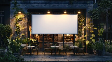 Blank storefront sign at night, plants surround patio seating. Perfect for restaurant, bar, or cafe advertising mockups.