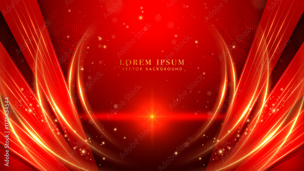 Wall mural elegant abstract background in deep red with golden glowing curves, dynamic light streaks effect