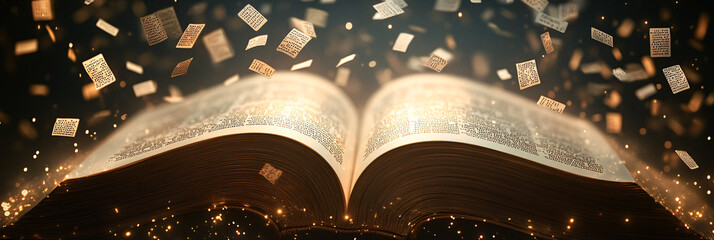 An open book with letters from multiple languages floating into the air, symbolizing the freedom and opportunity that comes with learning foreign languages.  