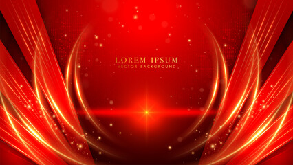 Elegant abstract background in deep red with golden glowing curves, dynamic light streaks effect