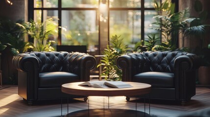 Obraz premium Two black leather armchairs face each other, bathed in warm sunlight. Perfect for concepts of luxury, relaxation, and sophisticated interiors.