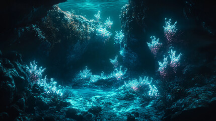 Fototapeta premium An underwater exploration of bioluminescent organisms, lighting up the dark depths with a magical glow, creating a captivating contrast with the surrounding darkness. 