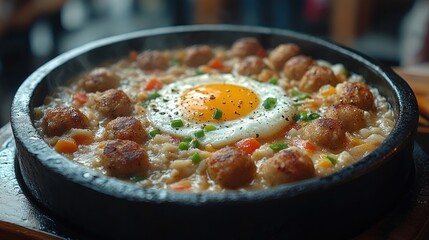 A sizzling dish featuring meatballs, vegetables, and a fried egg on top.