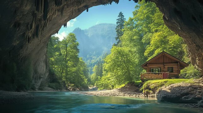 Charming house by the river viewed from a cave entrance surrounded by nature  
Seamless looping 4k time-lapse virtual video animation Generated AI